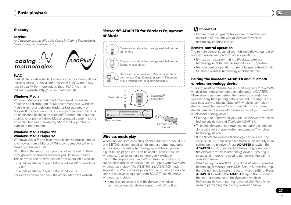 Glossary, Bluetooth® adapter for wireless enjoyment of music, Wireless music play | Bluetooth, Adapter for wireless enjoyment of, Music, Basic playback | Pioneer VSX-S500-S User Manual | Page 27 / 56