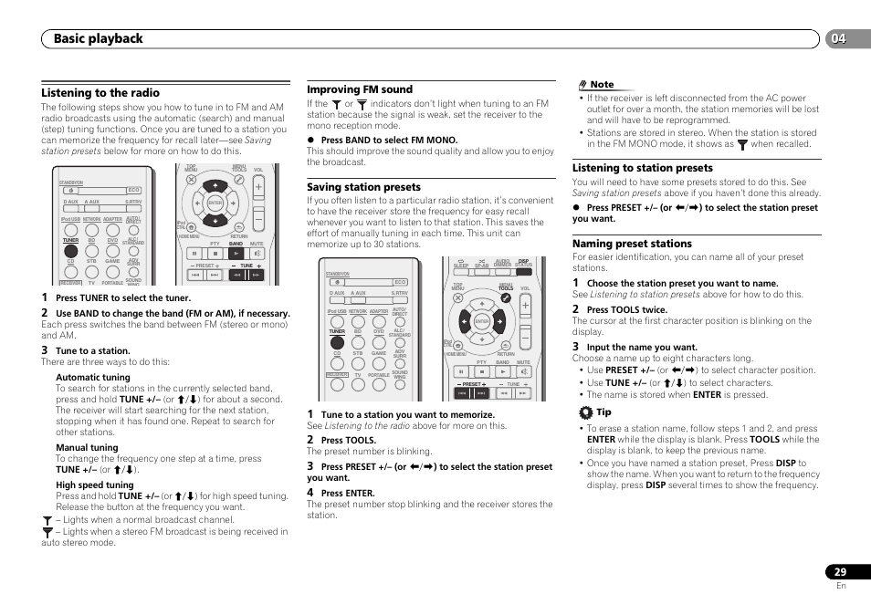 Listening to the radio, Improving fm sound, Saving station presets | Listening to station presets, Naming preset stations, Basic playback | Pioneer VSX-S500-S User Manual | Page 29 / 56