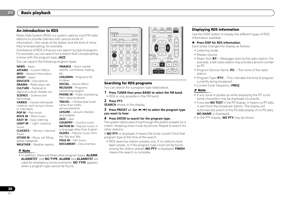 An introduction to rds, Searching for rds programs, Displaying rds information | Basic playback 04 | Pioneer VSX-S500-S User Manual | Page 30 / 56