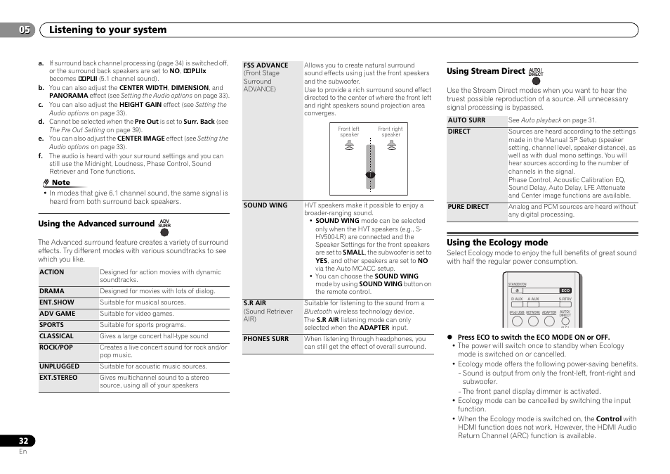 Using the advanced surround, Using stream direct, Using the ecology mode | Listening to your system 05 | Pioneer VSX-S500-S User Manual | Page 32 / 56
