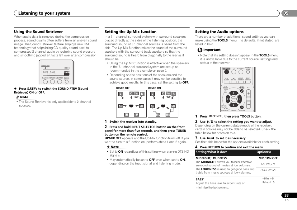 Using the sound retriever, Setting the up mix function, Setting the audio options | Listening to your system | Pioneer VSX-S500-S User Manual | Page 33 / 56