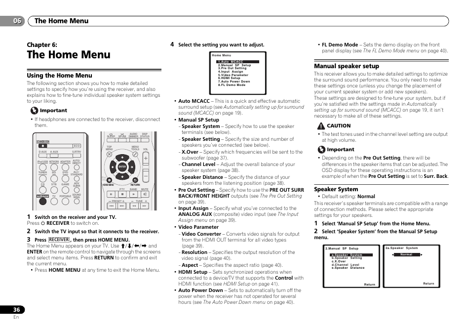 The home menu, Using the home menu, Manual speaker setup | Speaker system, 06 the home menu, The home menu 06, Chapter 6 | Pioneer VSX-S500-S User Manual | Page 36 / 56