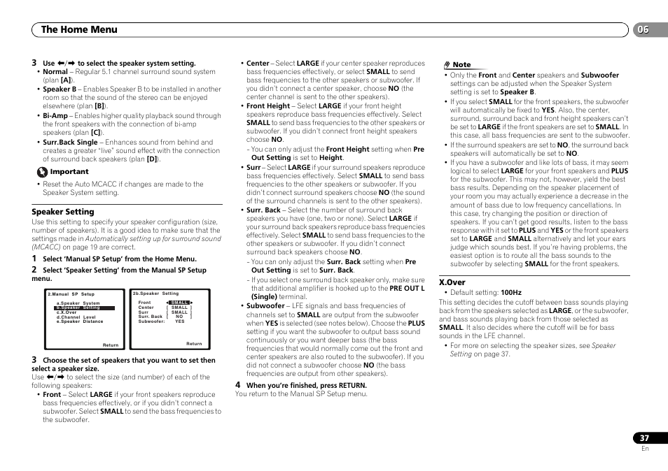 Speaker setting, X.over, The home menu | Pioneer VSX-S500-S User Manual | Page 37 / 56