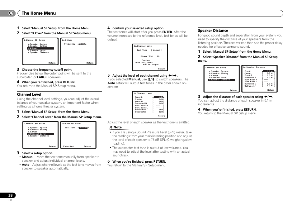 Channel level, Speaker distance, The home menu 06 | Pioneer VSX-S500-S User Manual | Page 38 / 56