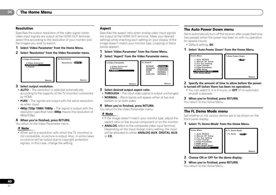 Resolution, Aspect, The auto power down menu | The fl demo mode menu, The home menu 06 | Pioneer VSX-S500-S User Manual | Page 40 / 56
