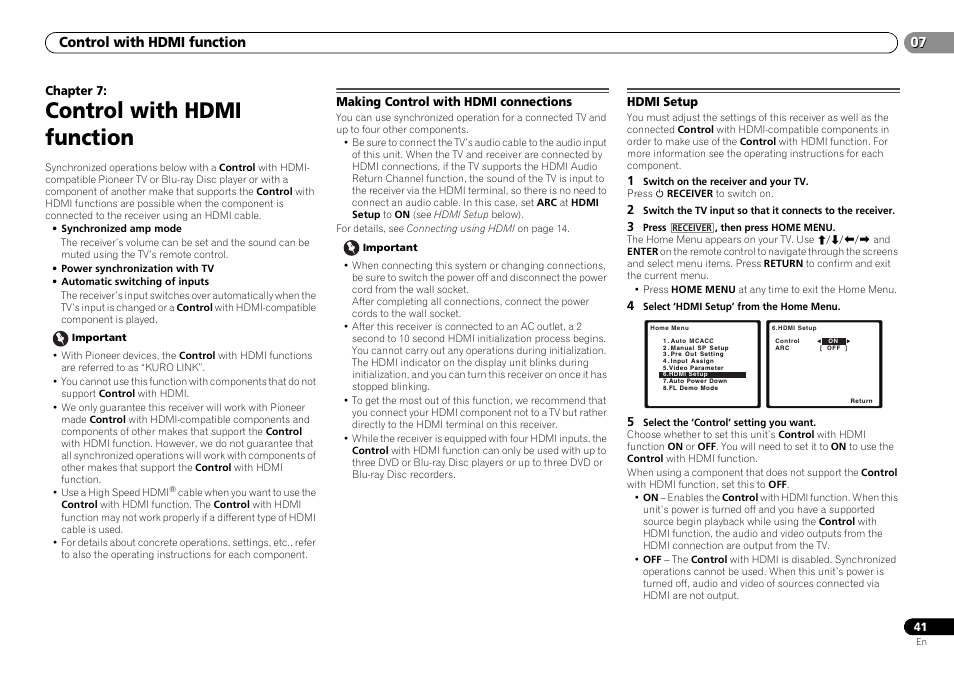 Control with hdmi function, Making control with hdmi connections, Hdmi setup | 07 control with hdmi function | Pioneer VSX-S500-S User Manual | Page 41 / 56