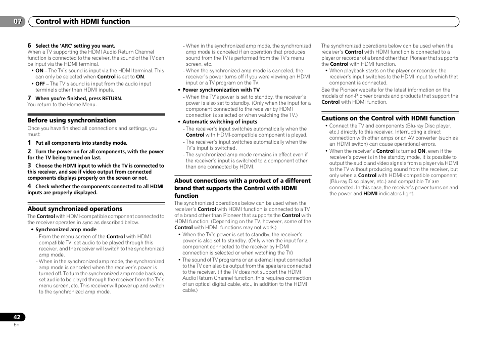 Before using synchronization, About synchronized operations, Cautions on the control with hdmi function | Control with hdmi function 07 | Pioneer VSX-S500-S User Manual | Page 42 / 56