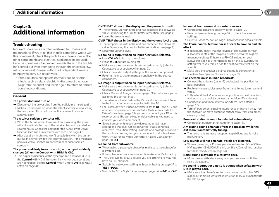 Additional information, Troubleshooting, General | 08 additional information | Pioneer VSX-S500-S User Manual | Page 43 / 56
