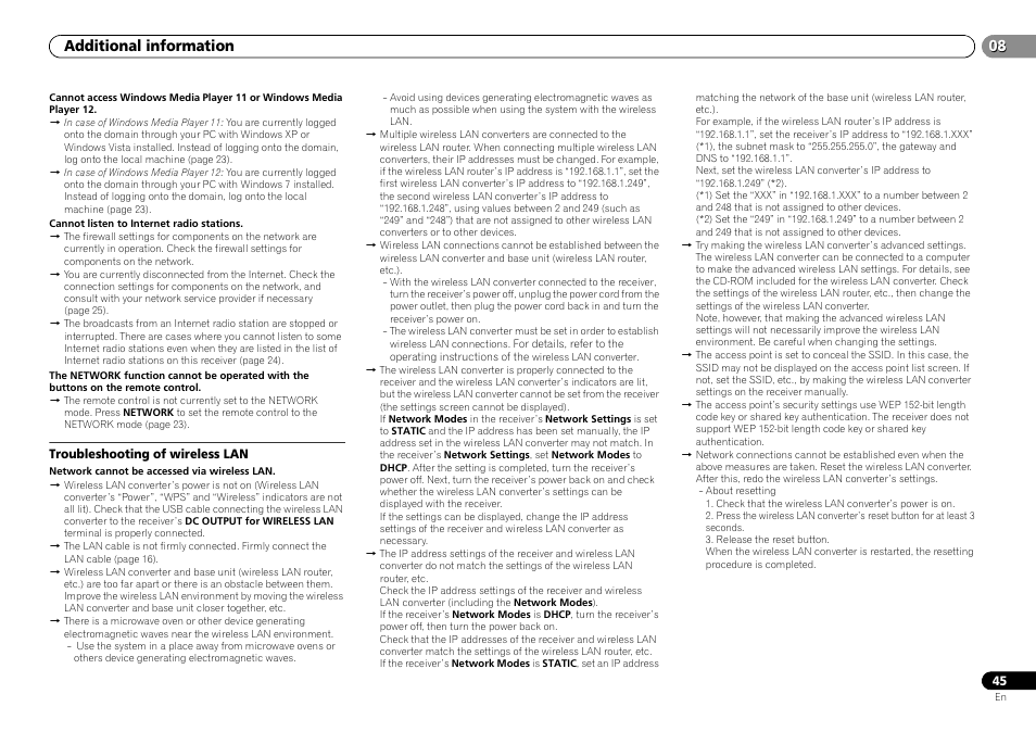 Troubleshooting of wireless lan, Additional information | Pioneer VSX-S500-S User Manual | Page 45 / 56