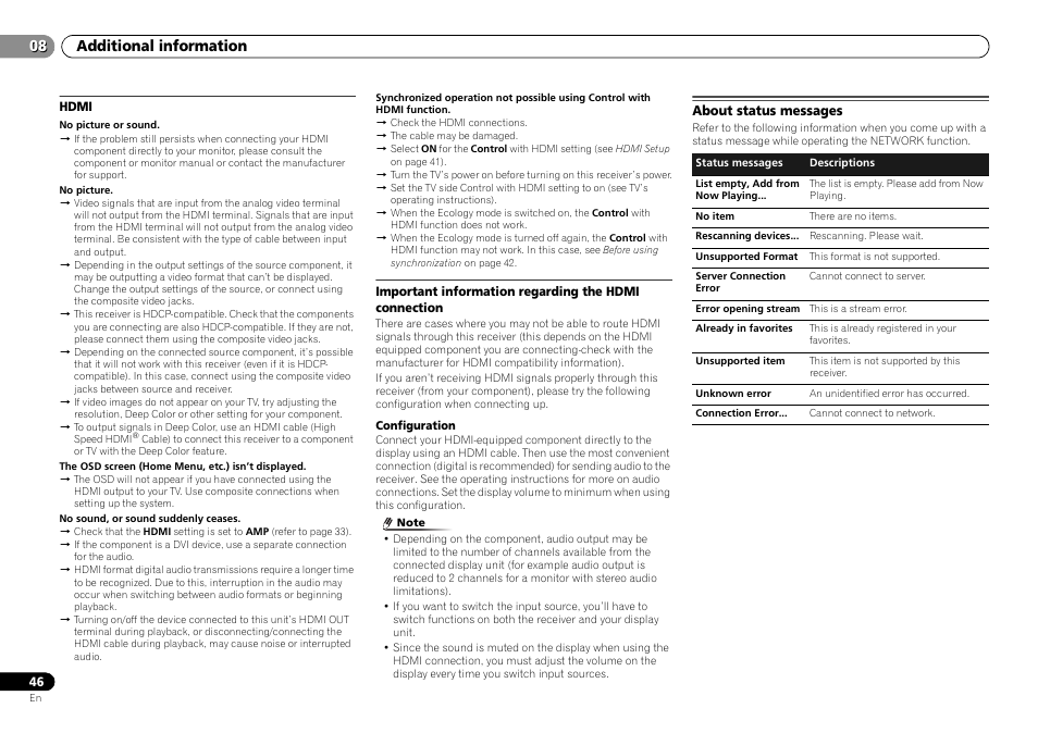 Hdmi, About status messages, Additional information 08 | Pioneer VSX-S500-S User Manual | Page 46 / 56