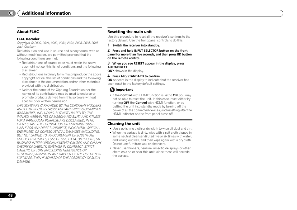 About flac, Resetting the main unit, Cleaning the unit | Pioneer VSX-S500-S User Manual | Page 48 / 56