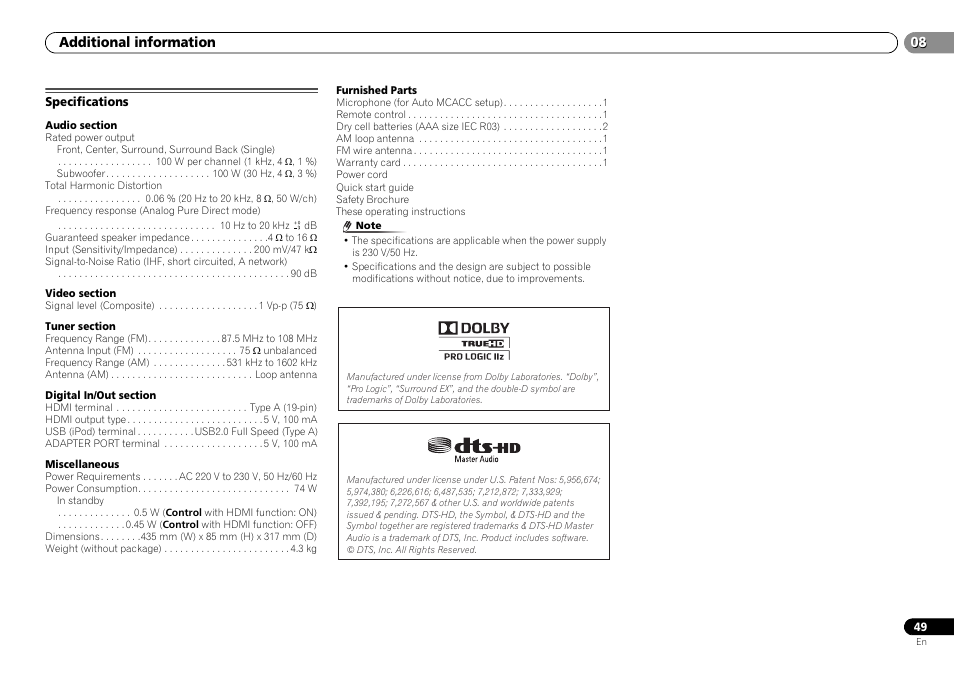 Specifications, Additional information | Pioneer VSX-S500-S User Manual | Page 49 / 56
