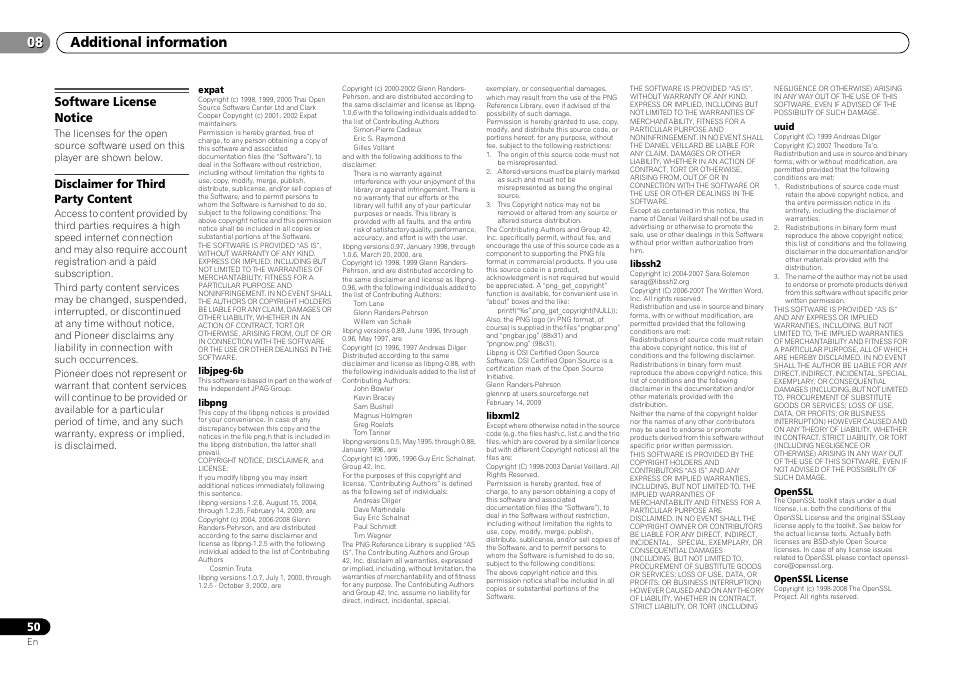Software license notice, Disclaimer for third party content, Additional information 08 | Pioneer VSX-S500-S User Manual | Page 50 / 56