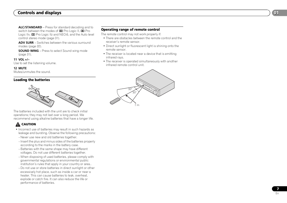 Loading the batteries, Operating range of remote control, Controls and displays | Pioneer VSX-S500-S User Manual | Page 7 / 56