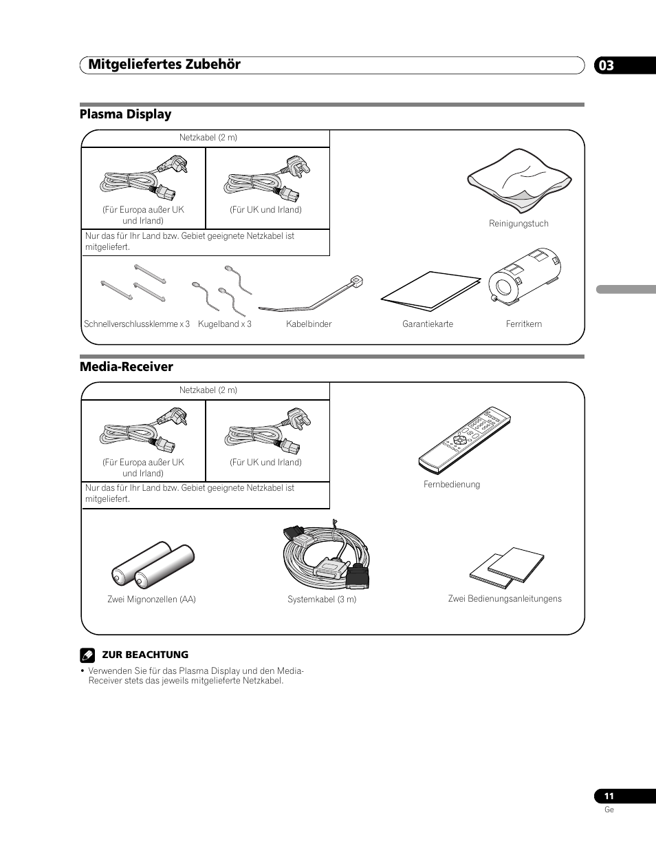 03 mitgeliefertes zubehör, Plasma display, Media-receiver | Mitgeliefertes zubehör 03, Mitgeliefertes zubehör, Plasma display media-receiver | Pioneer PDP-506FDE User Manual | Page 103 / 141