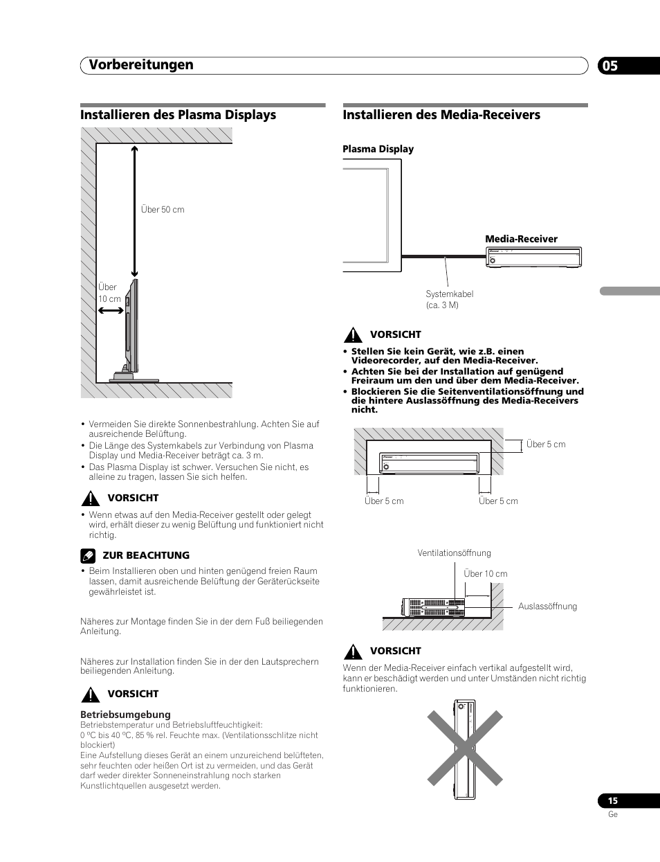 05 vorbereitungen, Installieren des plasma displays, Installieren des media-receivers | Vorbereitungen 05, Vorbereitungen | Pioneer PDP-506FDE User Manual | Page 107 / 141