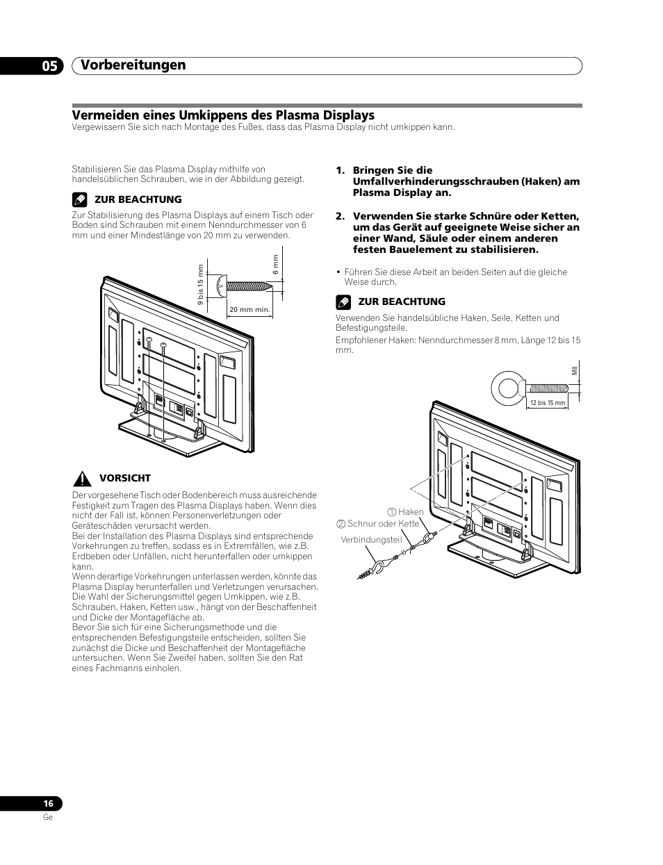 Vermeiden eines umkippens des, Plasma displays, Vorbereitungen 05 | Vermeiden eines umkippens des plasma displays | Pioneer PDP-506FDE User Manual | Page 108 / 141