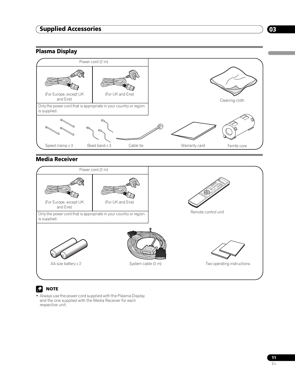 03 supplied accessories, Plasma display, Media receiver | Supplied accessories 03, Supplied accessories, Plasma display media receiver | Pioneer PDP-506FDE User Manual | Page 11 / 141