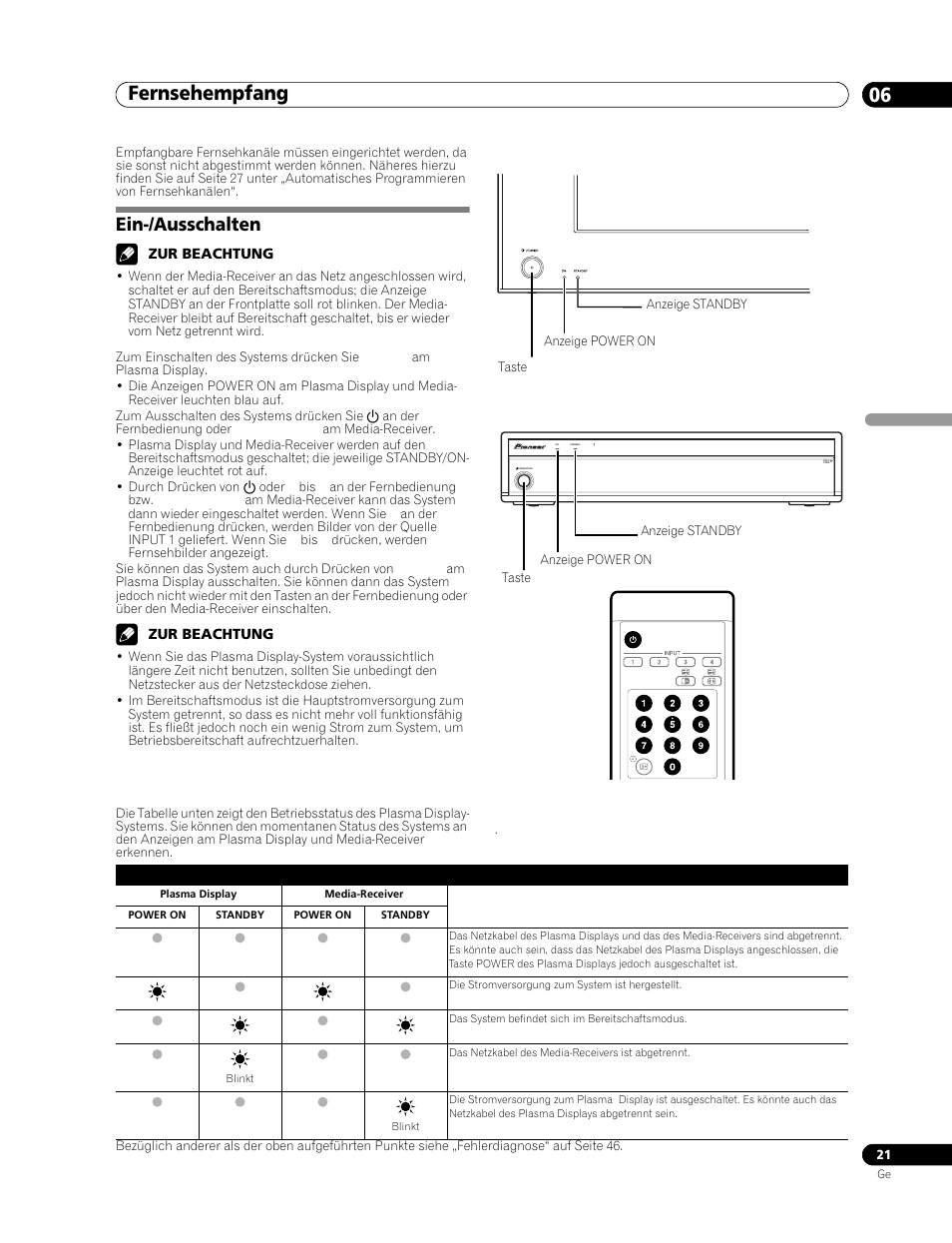 06 fernsehempfang, Ein-/ausschalten, Fernsehempfang 06 | Fernsehempfang | Pioneer PDP-506FDE User Manual | Page 113 / 141