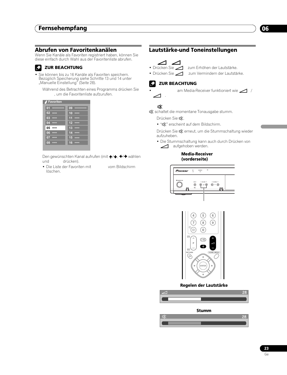 Abrufen von favoritenkanälen, Lautstärke-und toneinstellungen, Fernsehempfang 06 | Pioneer PDP-506FDE User Manual | Page 115 / 141