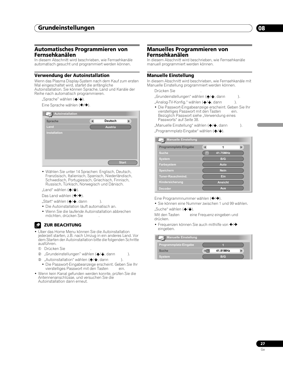 08 grundeinstellungen, Automatisches programmieren von, Fernsehkanälen | Verwendung der autoinstallation, Manuelles programmieren von, Manuelle einstellung, Grundeinstellungen 08, Grundeinstellungen, Automatisches programmieren von fernsehkanälen, Manuelles programmieren von fernsehkanälen | Pioneer PDP-506FDE User Manual | Page 119 / 141