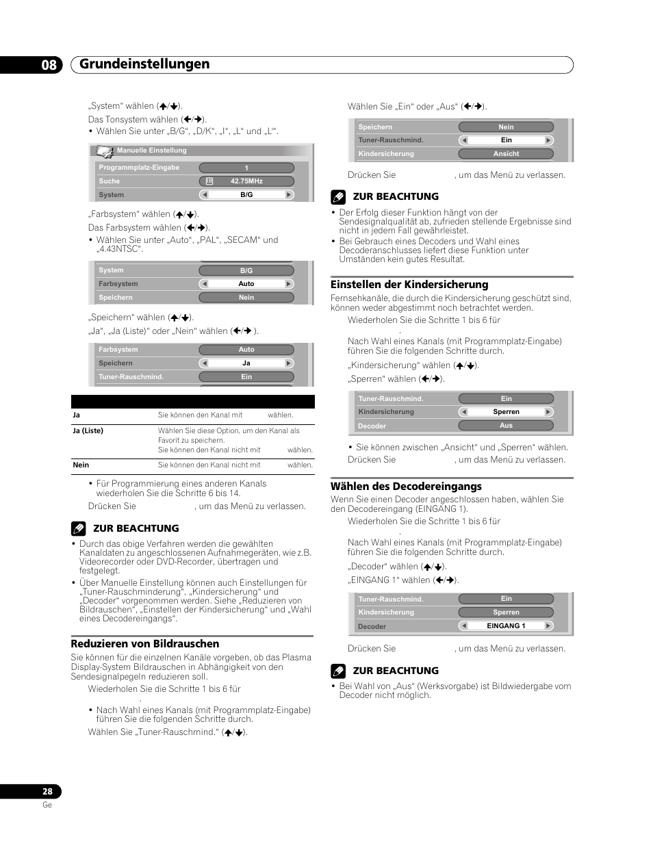 Reduzieren von bildrauschen, Einstellen der kindersicherung, Wählen des decodereingangs | Grundeinstellungen 08 | Pioneer PDP-506FDE User Manual | Page 120 / 141