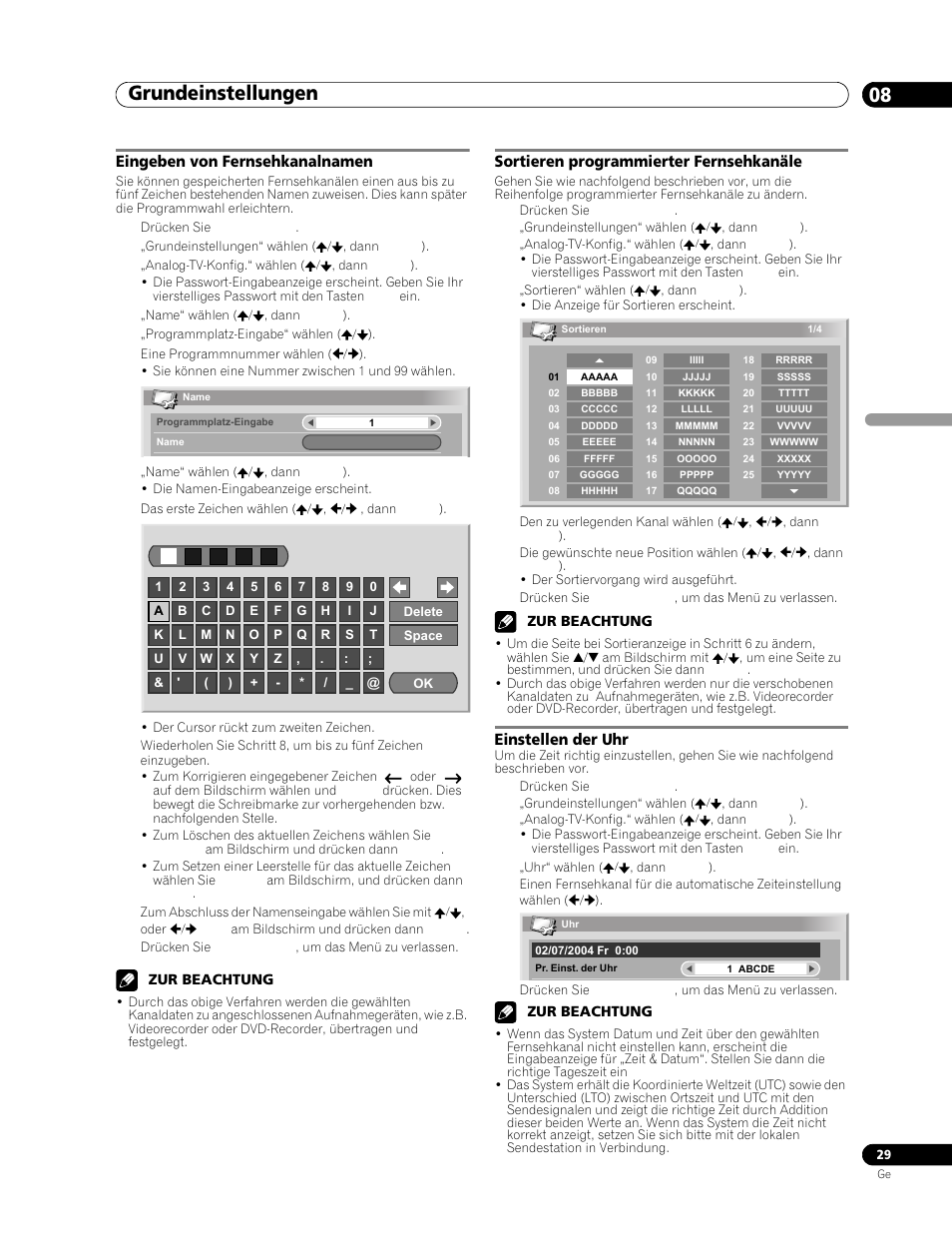 Eingeben von fernsehkanalnamen, Sortieren programmierter, Fernsehkanäle | Einstellen der uhr, Grundeinstellungen 08 | Pioneer PDP-506FDE User Manual | Page 121 / 141