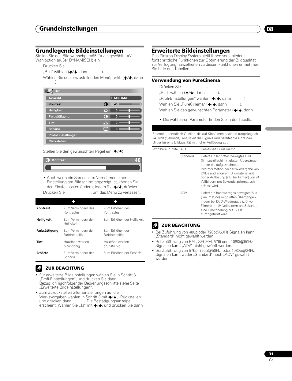 Grundlegende bildeinstellungen, Erweiterte bildeinstellungen, Verwendung von purecinema | Grundeinstellungen 08, Verwendung von purecinema 1 | Pioneer PDP-506FDE User Manual | Page 123 / 141