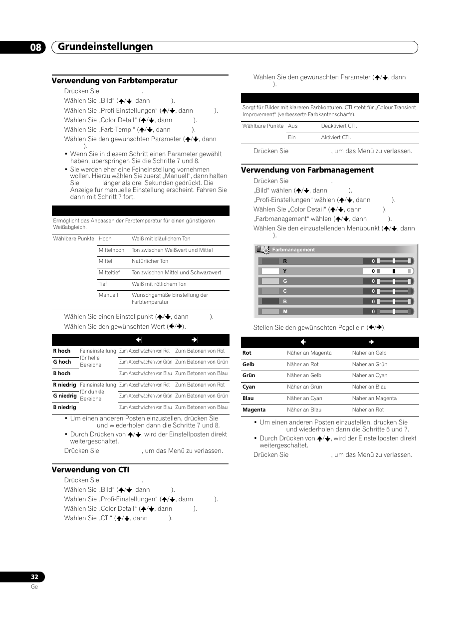 Verwendung von farbtemperatur, Verwendung von cti, Verwendung von farbmanagement | Grundeinstellungen 08, Verwendung von farbtemperatur 1, Verwendung von cti 1, Verwendung von farbmanagement 1 | Pioneer PDP-506FDE User Manual | Page 124 / 141