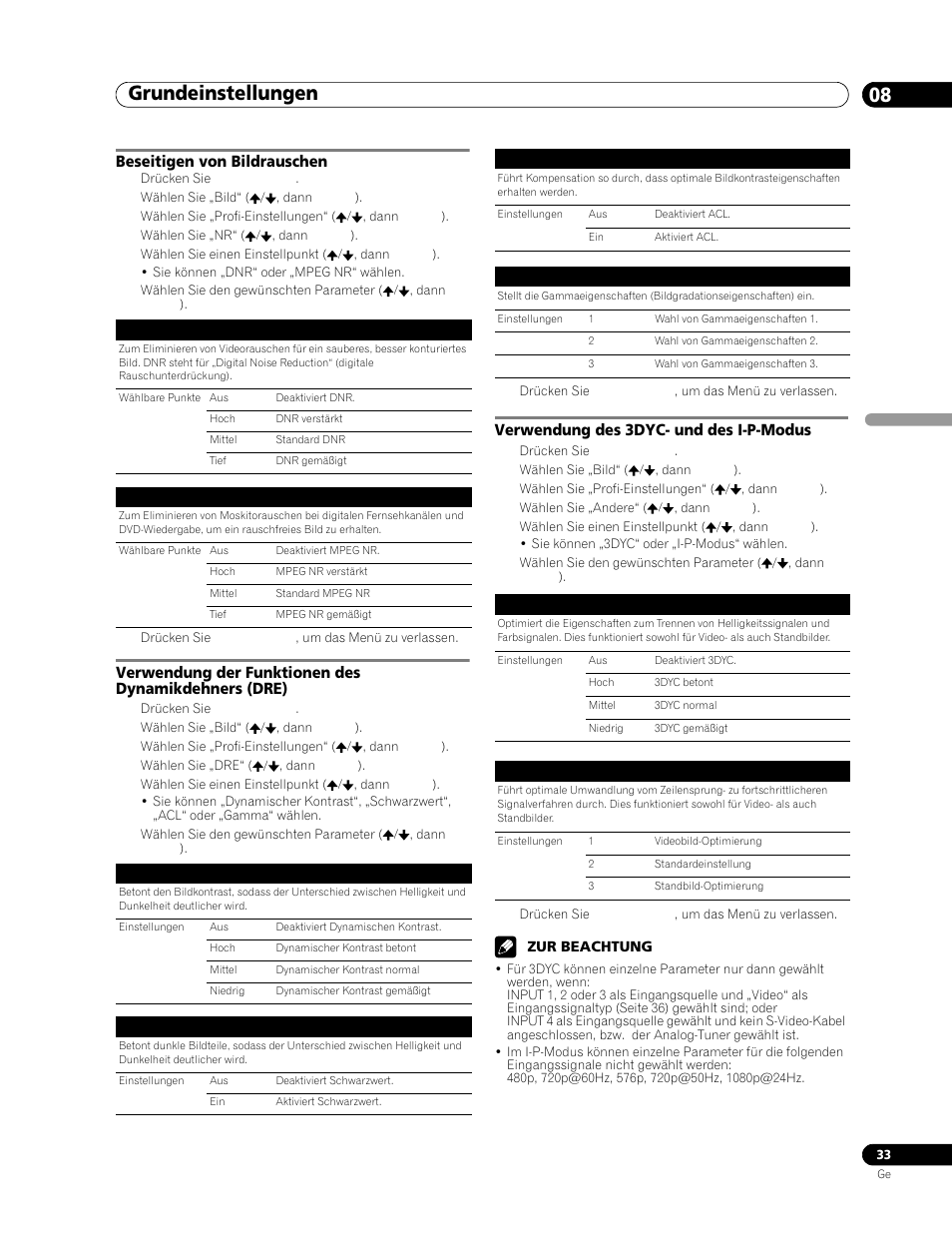 Beseitigen von bildrauschen, Verwendung der funktionen des, Dynamikdehners (dre) | Verwendung des 3dyc- und des, I-p-modus, Grundeinstellungen 08, Beseitigen von bildrauschen 1, Verwendung des 3dyc- und des i-p-modus 1 | Pioneer PDP-506FDE User Manual | Page 125 / 141