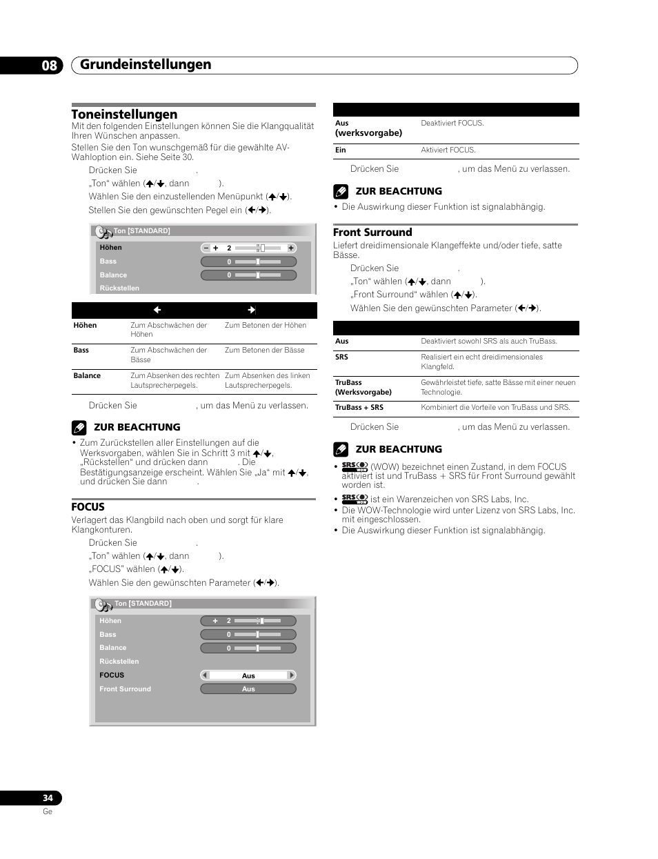 Toneinstellungen, Focus, Front surround | Grundeinstellungen 08 | Pioneer PDP-506FDE User Manual | Page 126 / 141