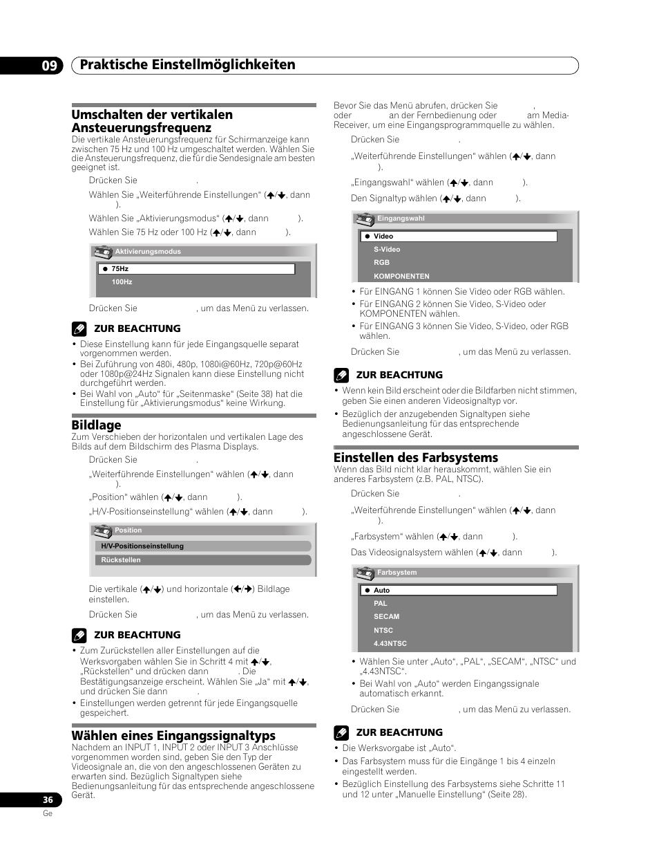 09 praktische einstellmöglichkeiten, Umschalten der vertikalen, Ansteuerungsfrequenz | Bildlage, Wählen eines eingangssignaltyps, Einstellen des farbsystems, Umschalten der vertikalen ansteuerungsfrequenz | Pioneer PDP-506FDE User Manual | Page 128 / 141