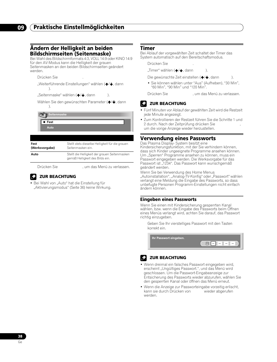 Ändern der helligkeit an beiden, Bildschirmseiten (seitenmaske), Timer | Verwendung eines passworts, Eingeben eines passworts, Praktische einstellmöglichkeiten 09 | Pioneer PDP-506FDE User Manual | Page 130 / 141