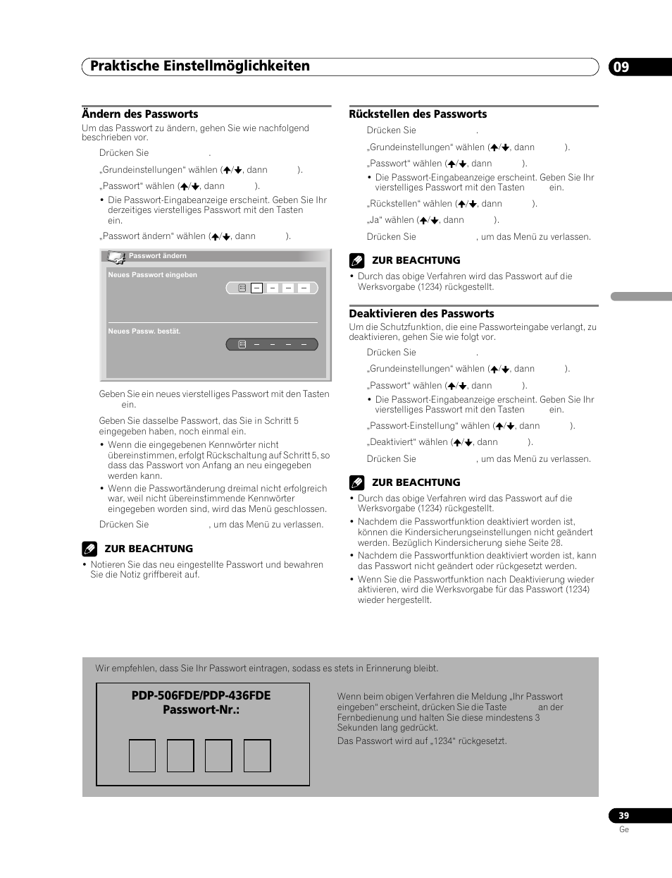 Ändern des passworts, Rückstellen des passworts, Deaktivieren des passworts | Praktische einstellmöglichkeiten 09 | Pioneer PDP-506FDE User Manual | Page 131 / 141