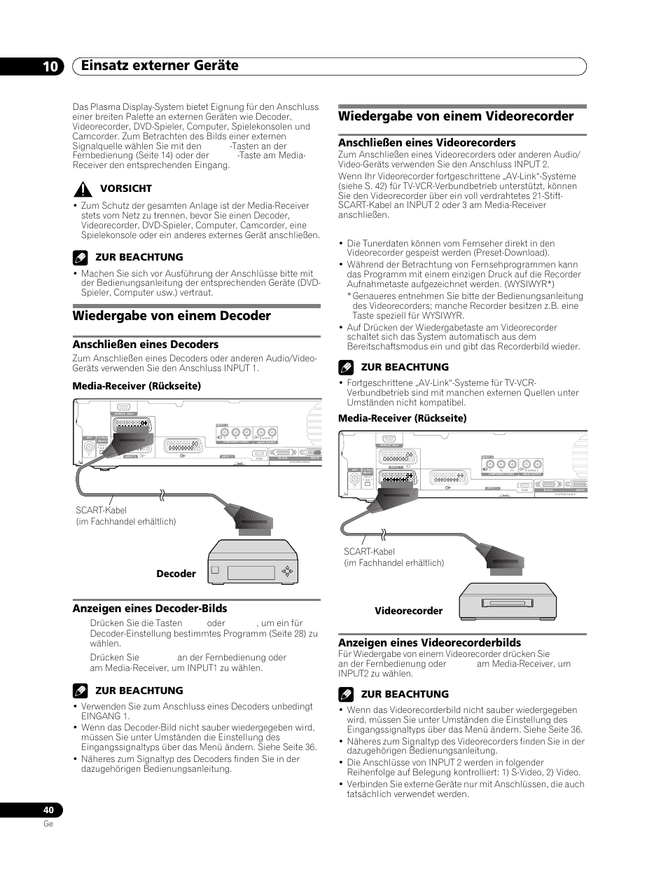 10 einsatz externer geräte, Wiedergabe von einem decoder, Anschließen eines decoders | Anzeigen eines decoder-bilds, Wiedergabe von einem videorecorder, Anschließen eines videorecorders, Anzeigen eines videorecorderbilds, Einsatz externer geräte 10 einsatz externer geräte, Anzeigen eines decoder-bilds 1, Vorsicht | Pioneer PDP-506FDE User Manual | Page 132 / 141