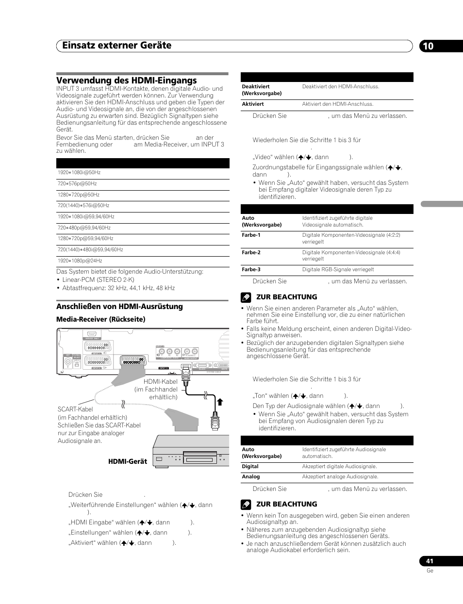 Verwendung des hdmi-eingangs, Anschließen von, Hdmi-ausrüstung | Einsatz externer geräte 10, Anschließen von hdmi-ausrüstung | Pioneer PDP-506FDE User Manual | Page 133 / 141