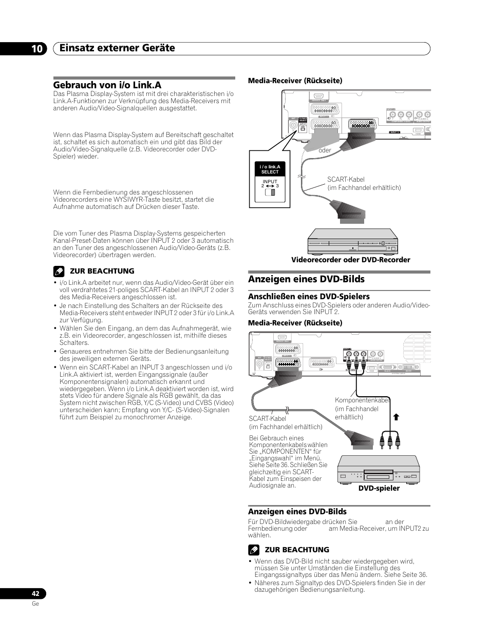 Gebrauch von i/o link.a, Anzeigen eines dvd-bilds, Anschließen eines dvd-spielers | Einsatz externer geräte 10, Direkter wiedergabestart, Preset-download, Zur beachtung, Media-receiver (rückseite), Videorecorder oder dvd-recorder, Dvd-spieler | Pioneer PDP-506FDE User Manual | Page 134 / 141