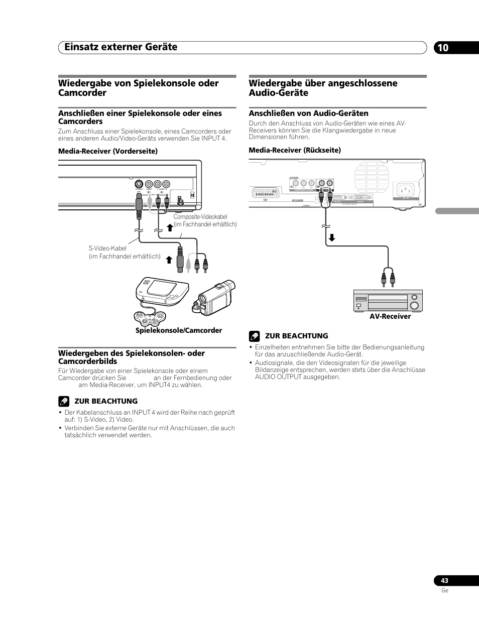 Wiedergabe von spielekonsole oder, Camcorder, Anschließen einer spielekonsole oder | Eines camcorders, Wiedergeben des spielekonsolen- oder, Camcorderbilds, Wiedergabe über angeschlossene, Audio-geräte, Anschließen von audio-geräten, Einsatz externer geräte 10 | Pioneer PDP-506FDE User Manual | Page 135 / 141