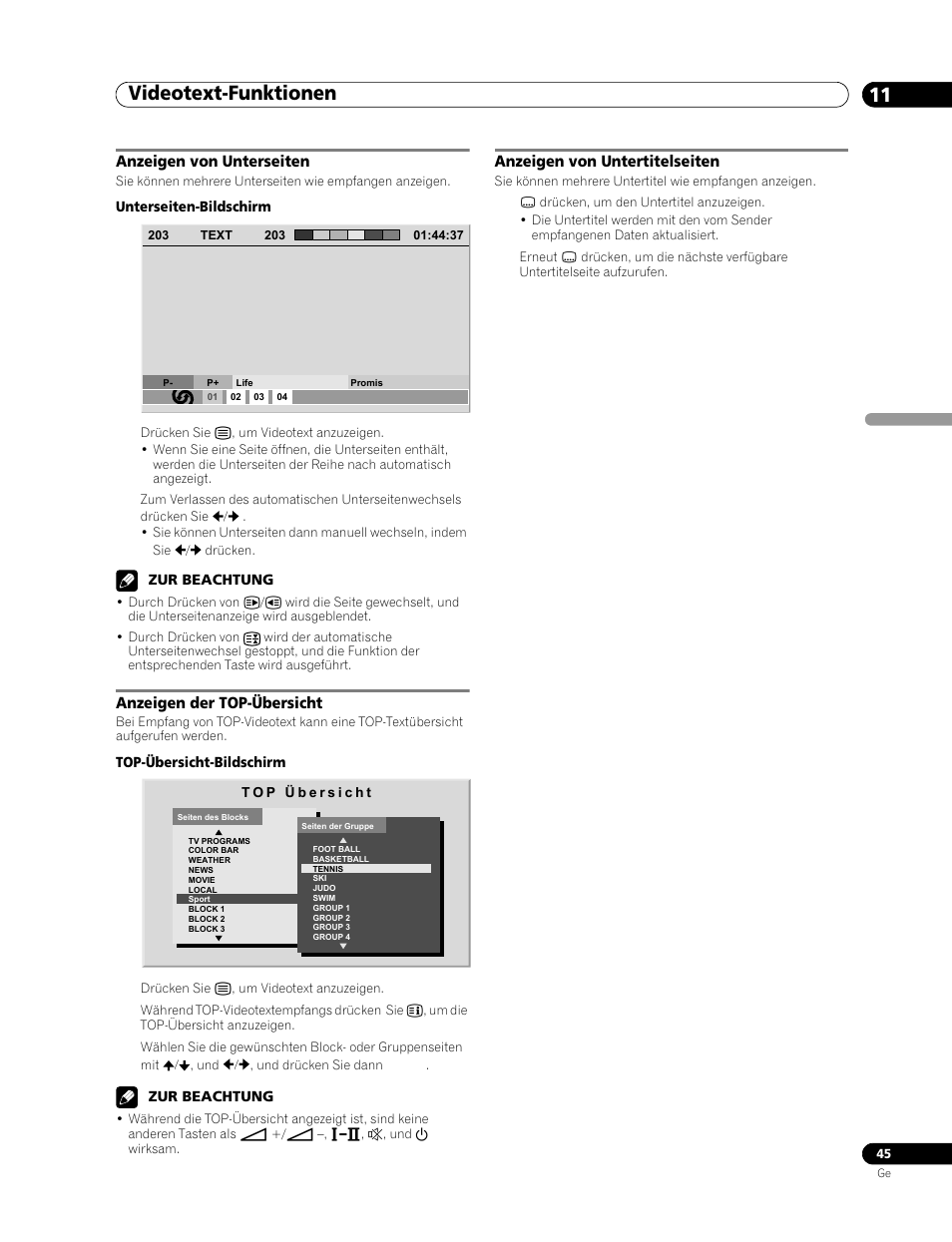 Anzeigen von unterseiten, Anzeigen der top-übersicht, Anzeigen von untertitelseiten | Videotext-funktionen 11 | Pioneer PDP-506FDE User Manual | Page 137 / 141