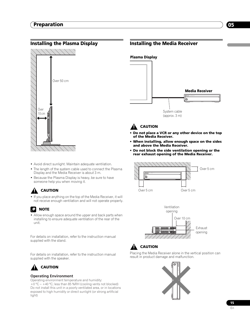 05 preparation, Installing the plasma display, Installing the media receiver | Preparation 05, Preparation | Pioneer PDP-506FDE User Manual | Page 15 / 141