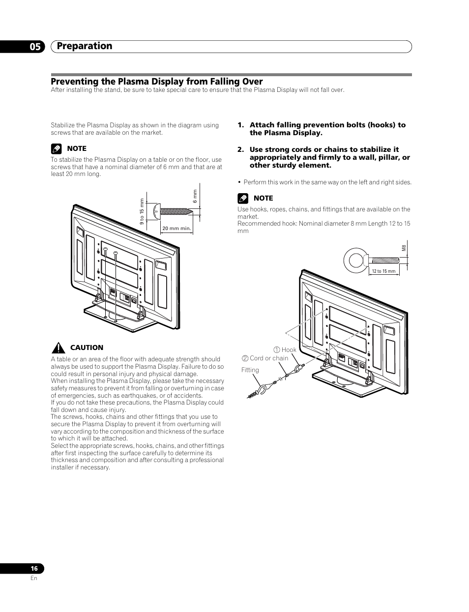 Preventing the plasma display from, Falling over, Preparation 05 | Preventing the plasma display from falling over | Pioneer PDP-506FDE User Manual | Page 16 / 141