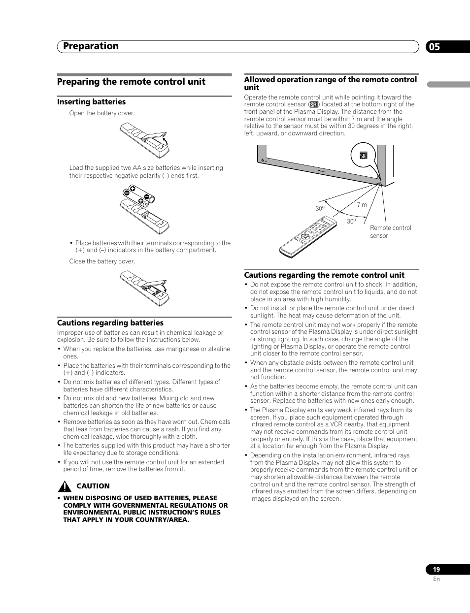 Preparing the remote control unit, Inserting batteries, Cautions regarding batteries | Allowed operation range of the remote, Control unit, Cautions regarding the remote control, Unit, Preparation 05 | Pioneer PDP-506FDE User Manual | Page 19 / 141