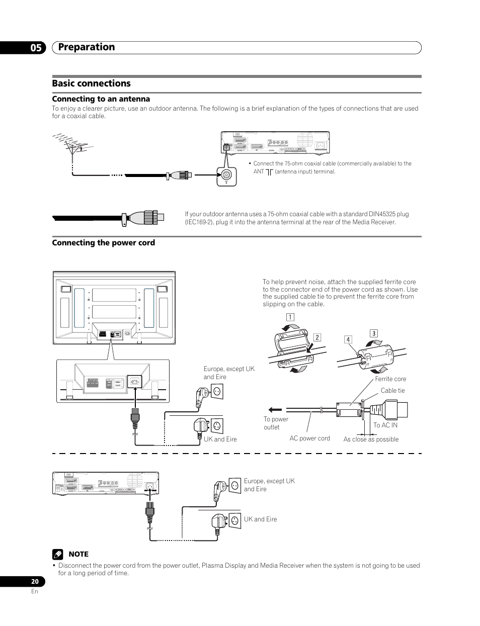 Basic connections, Connecting to an antenna, Connecting the power cord | Preparation 05 | Pioneer PDP-506FDE User Manual | Page 20 / 141