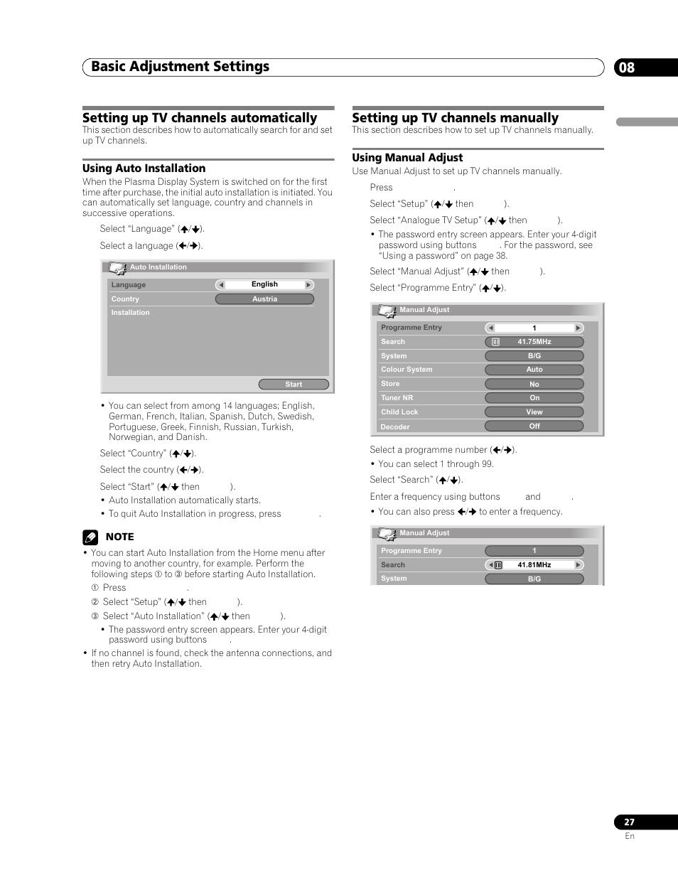 08 basic adjustment settings, Setting up tv channels automatically, Using auto installation | Setting up tv channels manually, Using manual adjust, Basic adjustment settings 08, Basic adjustment settings | Pioneer PDP-506FDE User Manual | Page 27 / 141