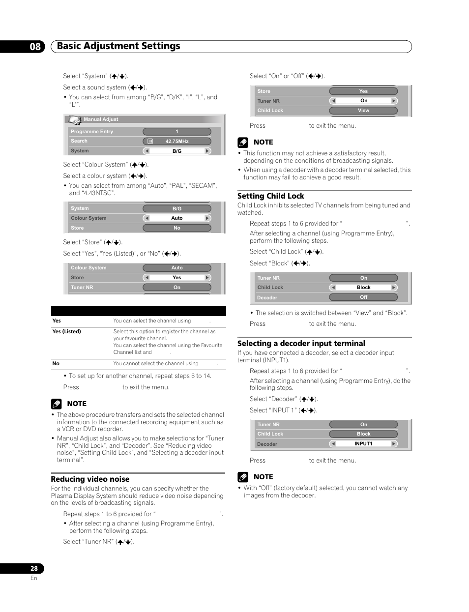 Reducing video noise, Setting child lock, Selecting a decoder input terminal | Basic adjustment settings 08 | Pioneer PDP-506FDE User Manual | Page 28 / 141