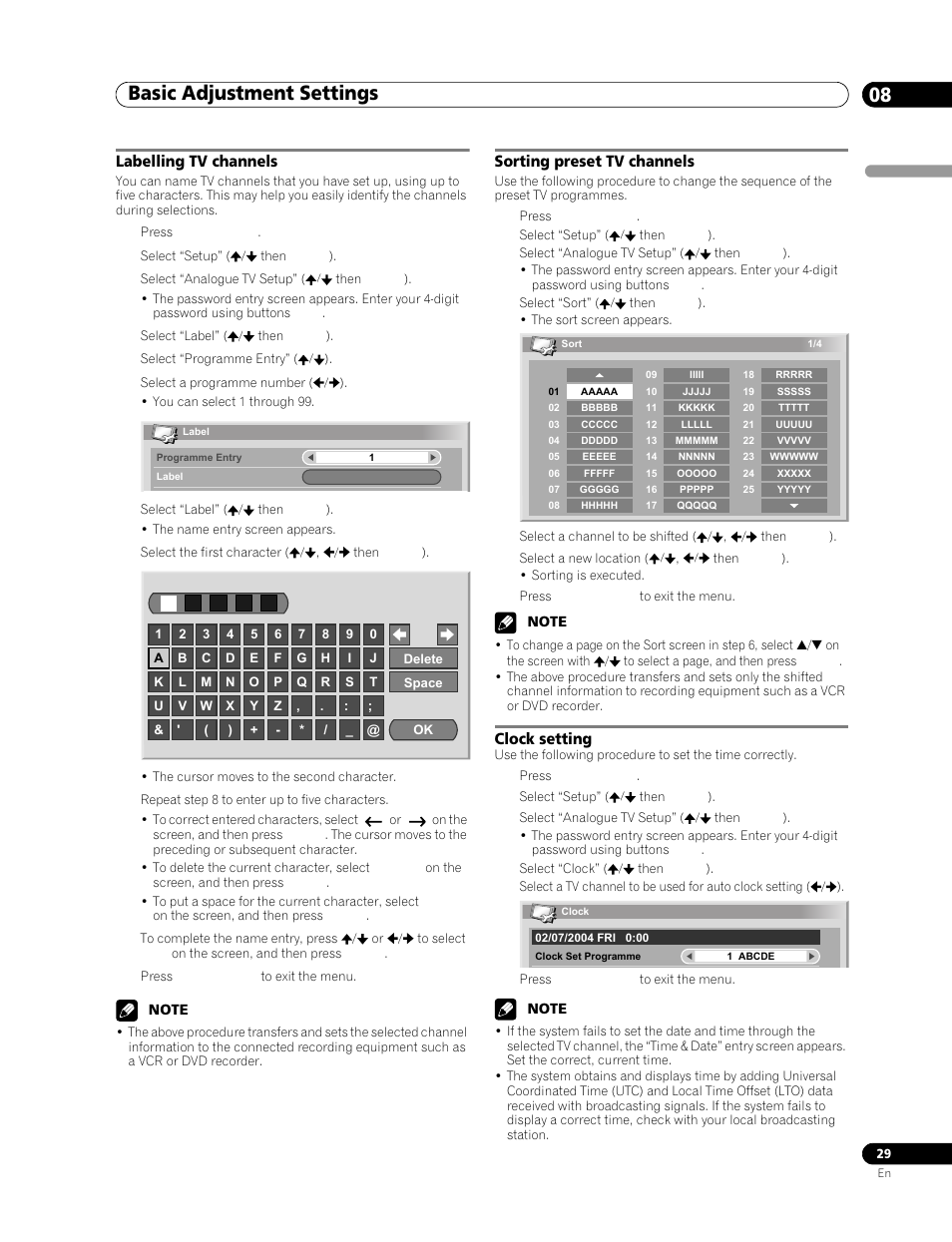 Labelling tv channels, Sorting preset tv channels, Clock setting | Basic adjustment settings 08 | Pioneer PDP-506FDE User Manual | Page 29 / 141
