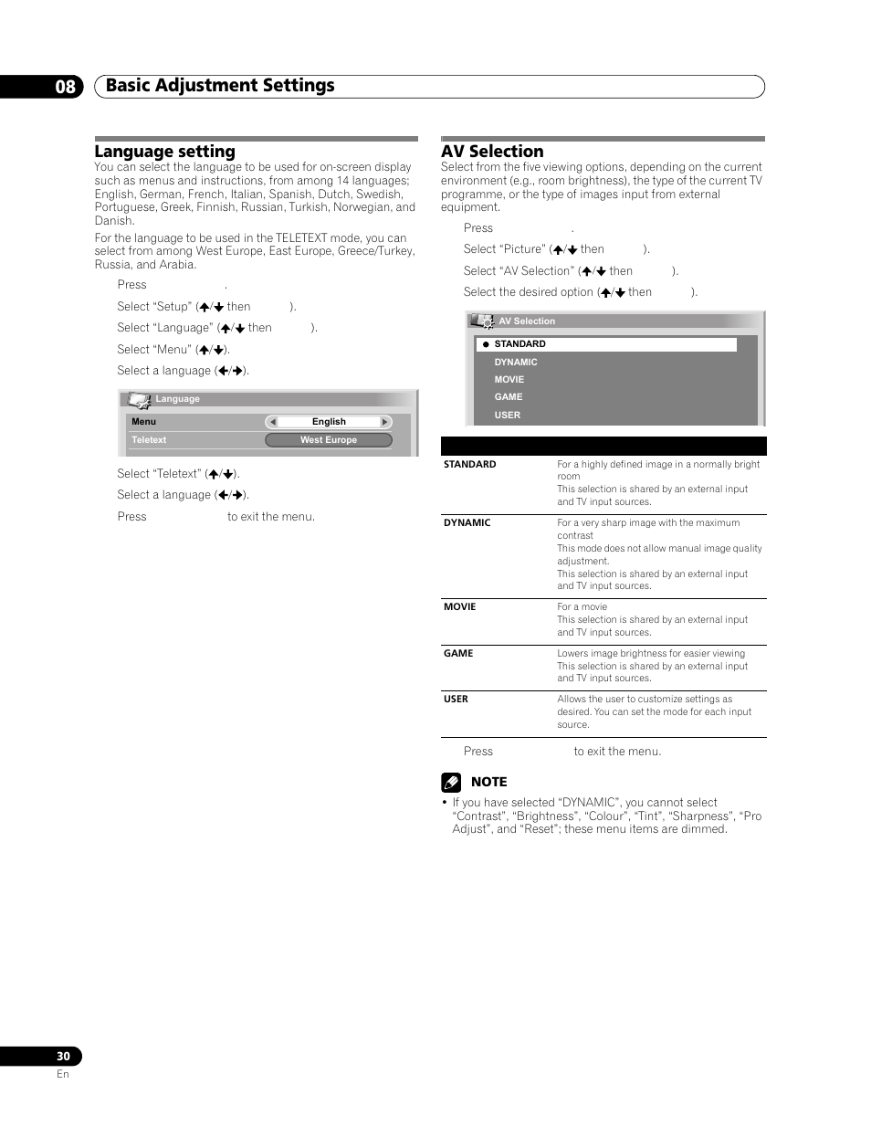 Language setting, Av selection, Basic adjustment settings 08 | Pioneer PDP-506FDE User Manual | Page 30 / 141