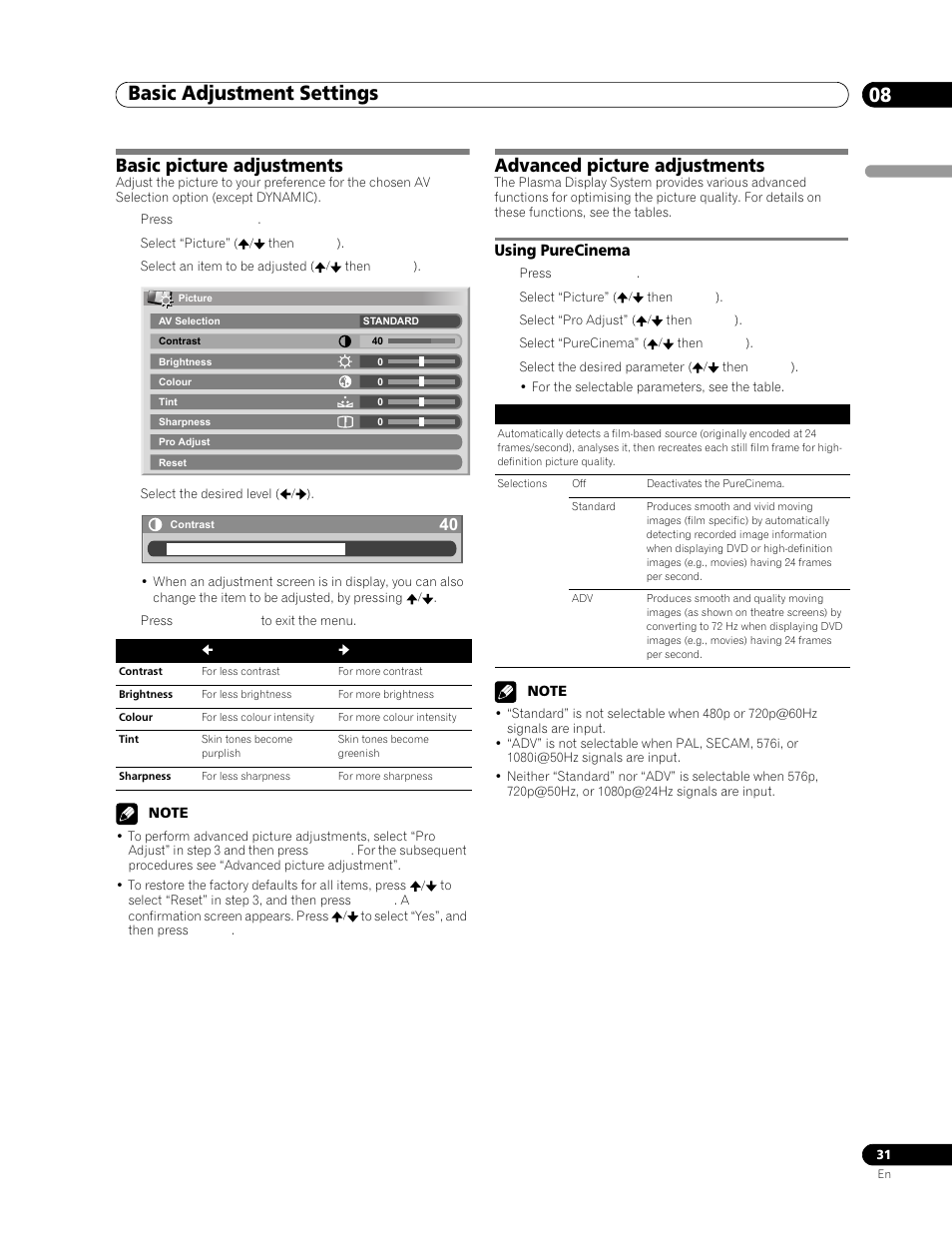 Basic picture adjustments, Advanced picture adjustments, Using purecinema | Basic adjustment settings 08, Using purecinema 1 | Pioneer PDP-506FDE User Manual | Page 31 / 141