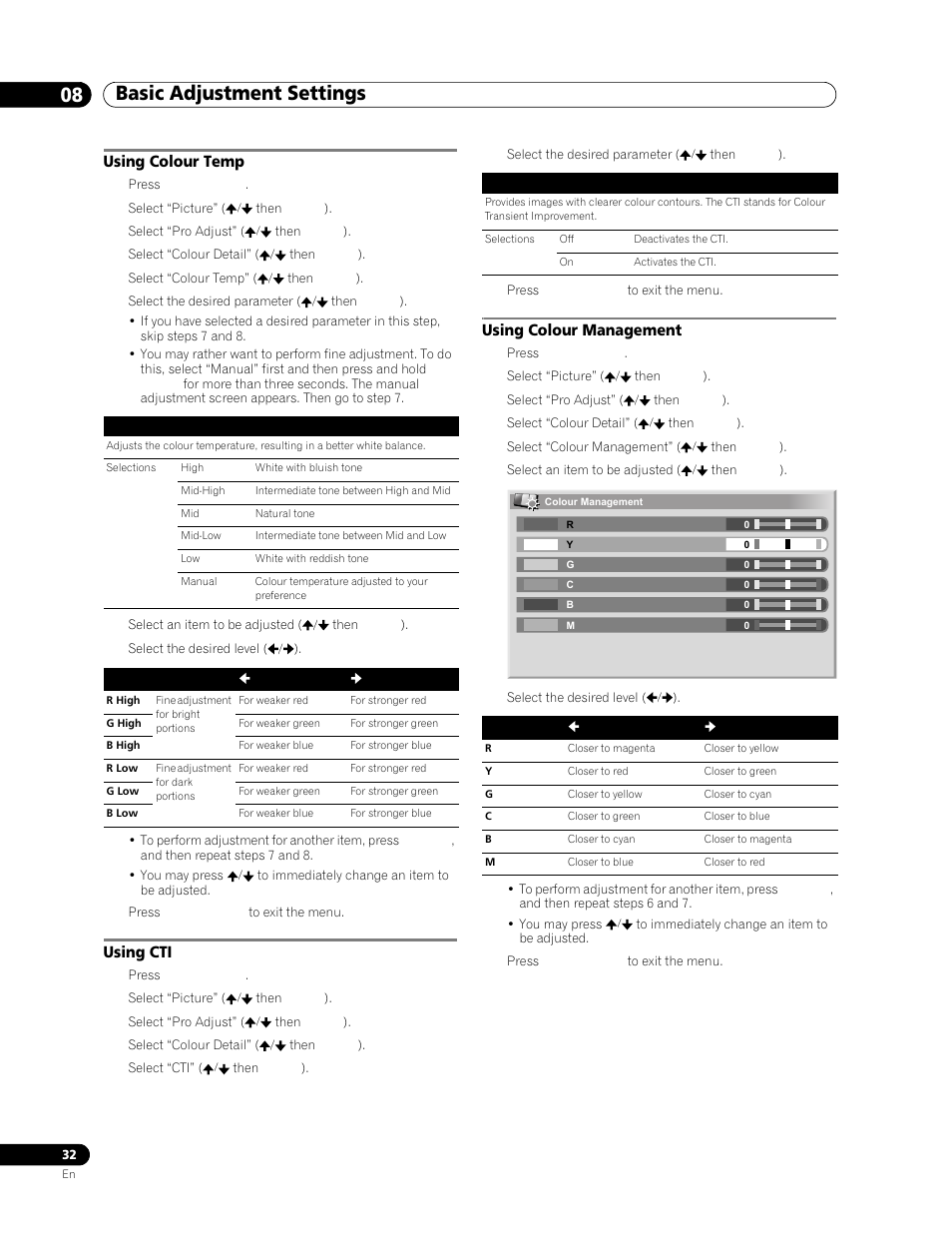 Using colour temp, Using cti, Using colour management | Basic adjustment settings 08, Using colour temp 1, Using cti 1, Using colour management 1 | Pioneer PDP-506FDE User Manual | Page 32 / 141