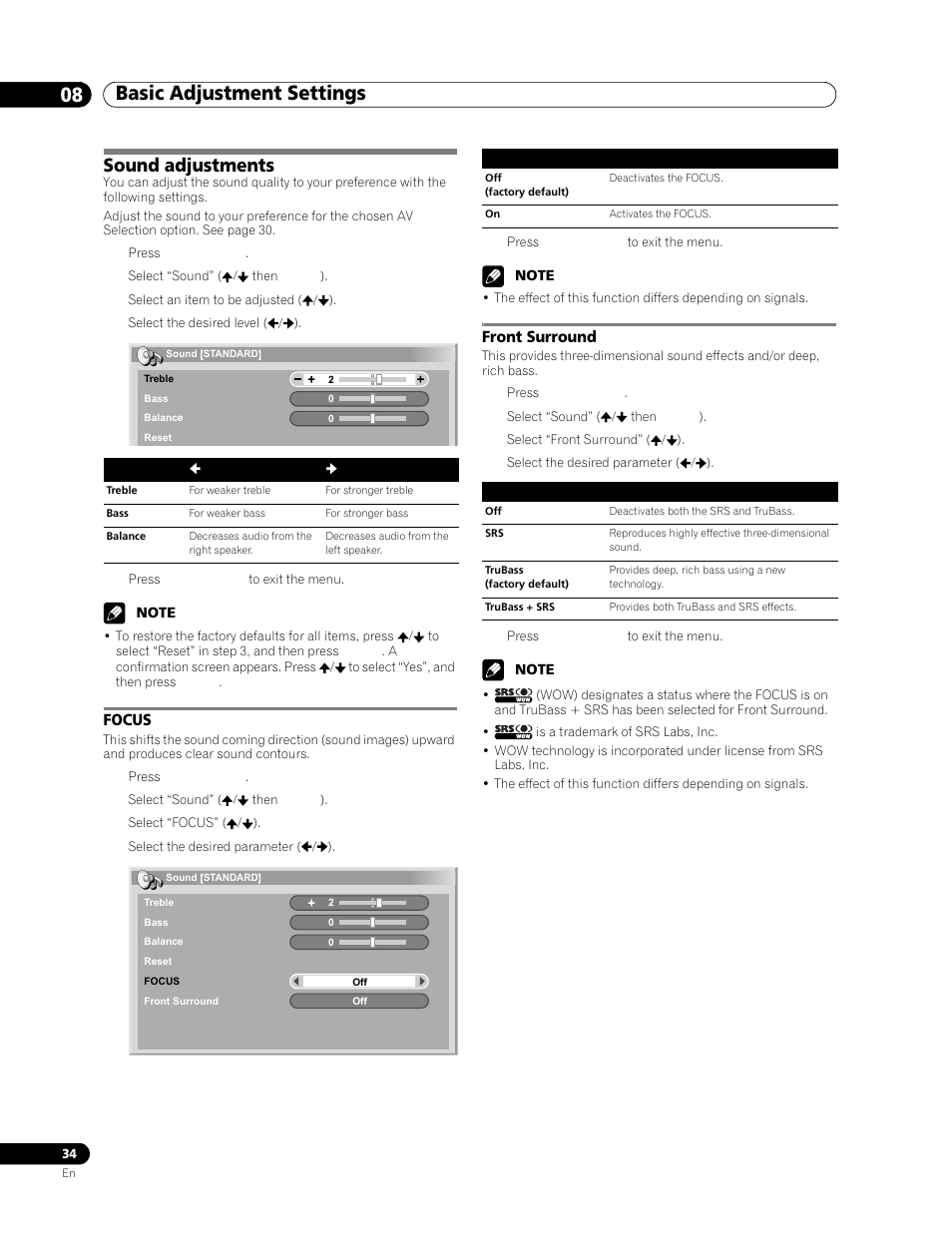 Sound adjustments, Focus, Front surround | Basic adjustment settings 08 | Pioneer PDP-506FDE User Manual | Page 34 / 141